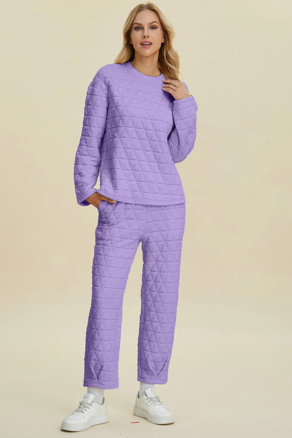 Sarah Express Women's Textured Round Neck Long Sleeve Top and Pants Set Lavender