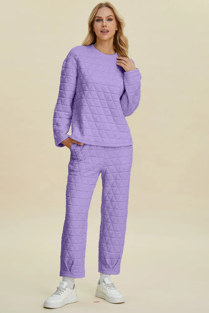 Sarah Express Women's Textured Round Neck Long Sleeve Top and Pants Set Lavender