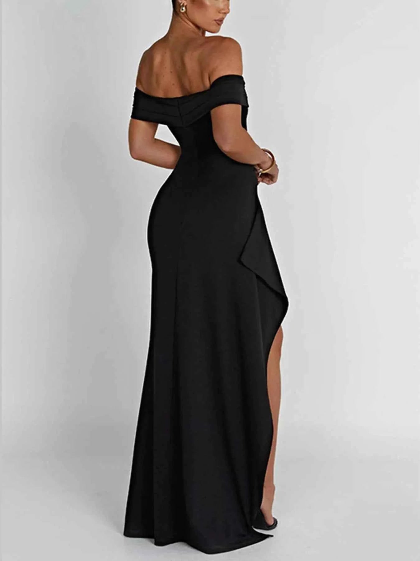 Sarah Express Women's Off-Shoulder High Slit Maxi Dress - Ruched Bodycon Evening Gown