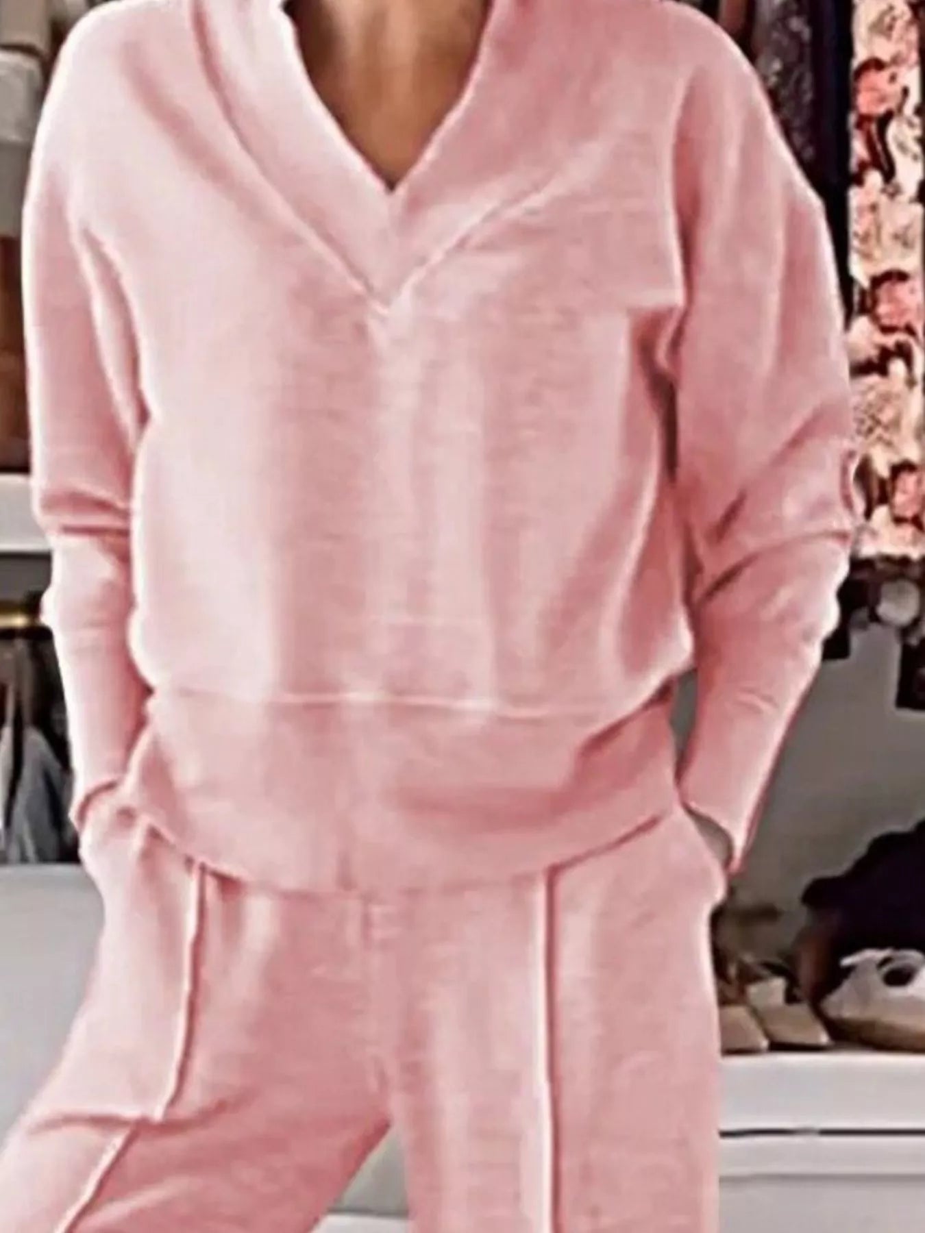 Sarah Express Women's Cozy V-Neck Top and Pants Lounge Set