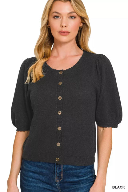 Sarah Express Women's Puff Sleeve Wool Sweater Cardigan BLACK