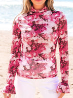 Sarah Express Women's Floral Mesh Flounce Sleeve Mock Neck Blouse