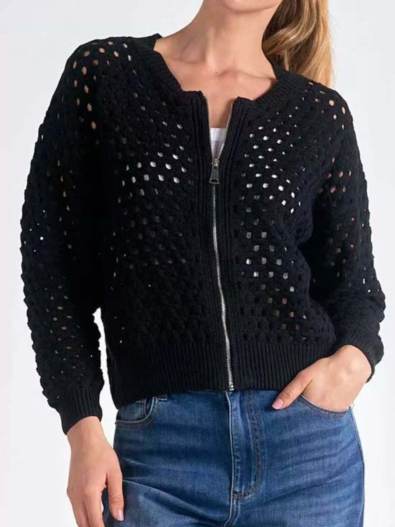 Sarah Express Women's Full Size Zip Up Long Sleeve Cardigan with Eyelet Detail Plus Size Black