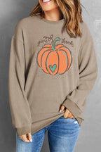 Sarah Express Women's Pumpkin Graphic Round Neck Long Sleeve Sweatshirt Tan
