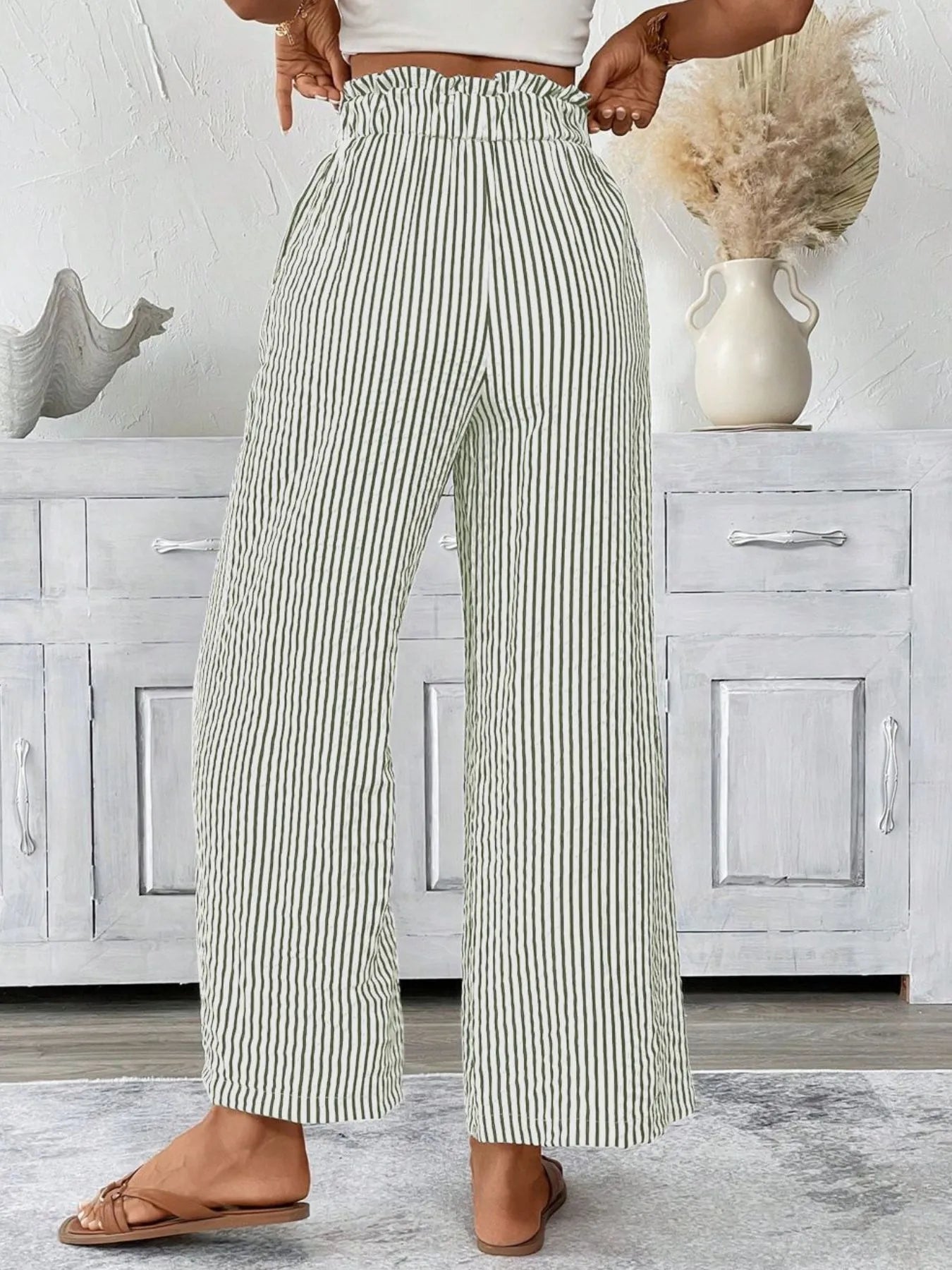 Sarah Express Women's Striped Wide Leg Paper Bag Pants Plus Size