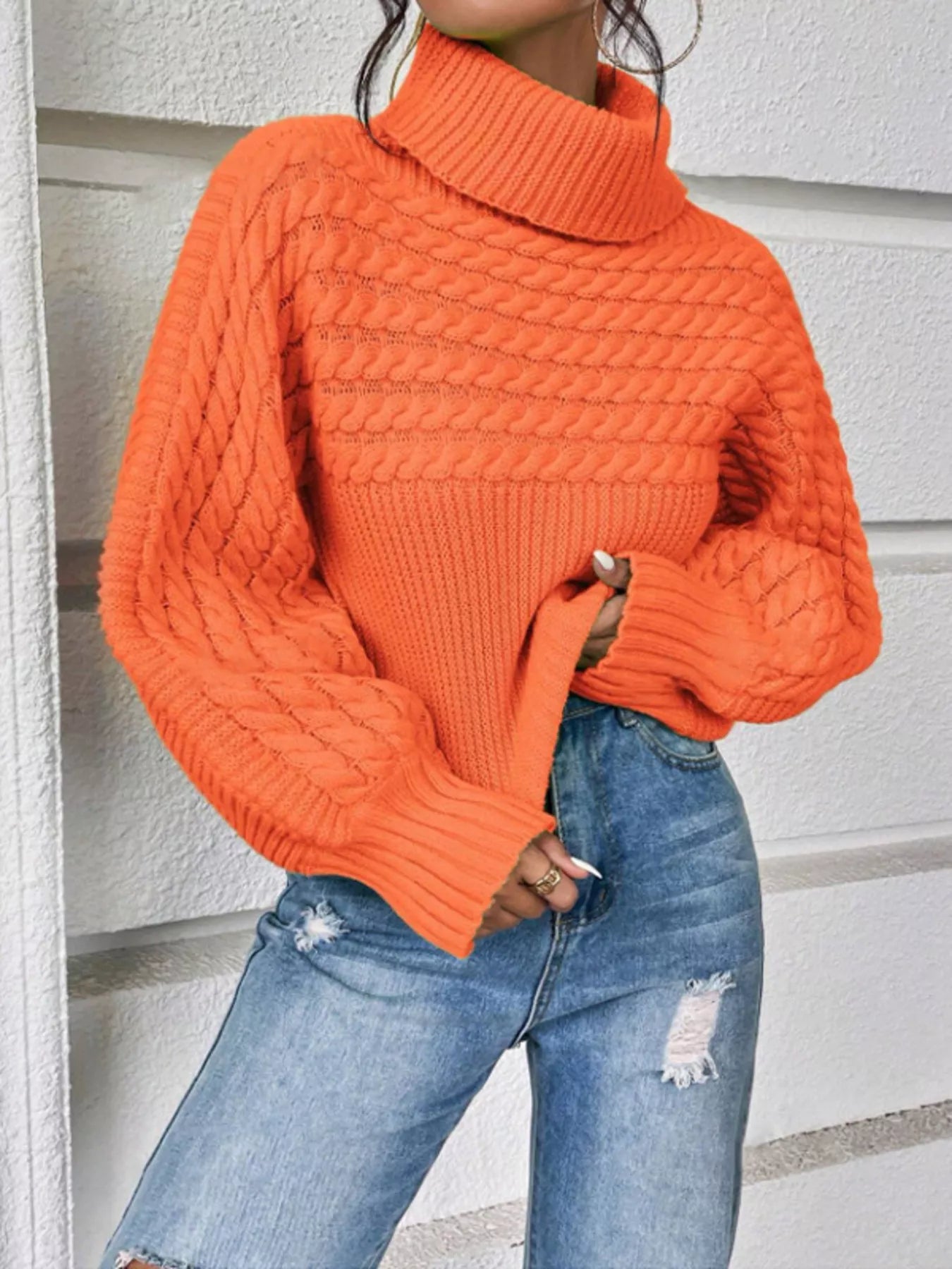 Sarah Express Women's Cable Knit Turtleneck Sweater - Long Sleeve Plus Size