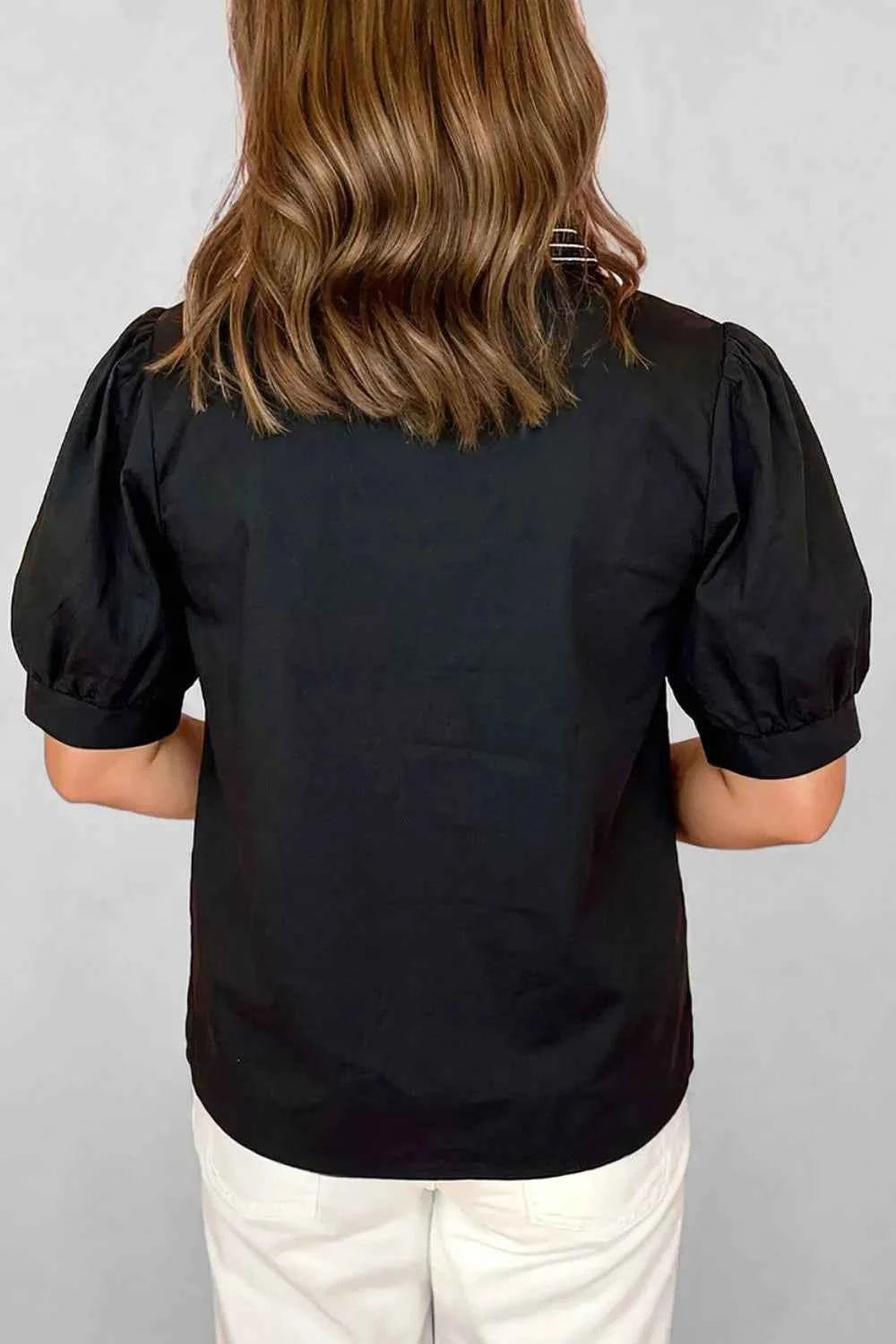 Sarah Express Women's Embroidered V-Neck Blouse - Short Puff Sleeve Cotton Lyocell Top