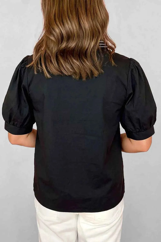 Sarah Express Women's Embroidered V-Neck Blouse - Short Puff Sleeve Cotton Lyocell Top