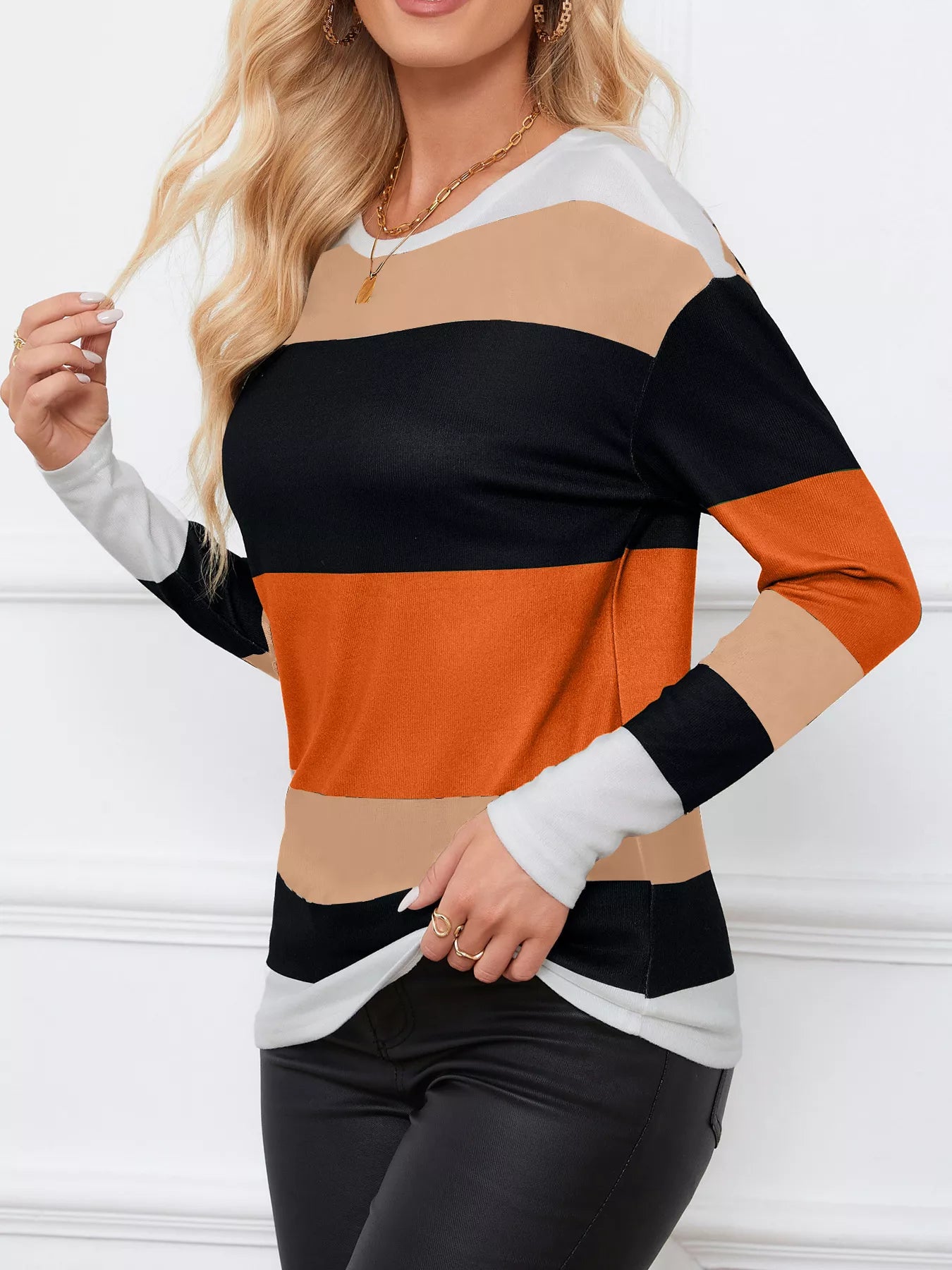 Sarah Express Women's Leopard Color Block Striped Knit Top Orange