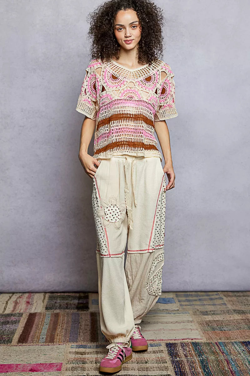 Sarah Express Women's Weave Pattern Short Sleeve Crochet Top with Border Accents