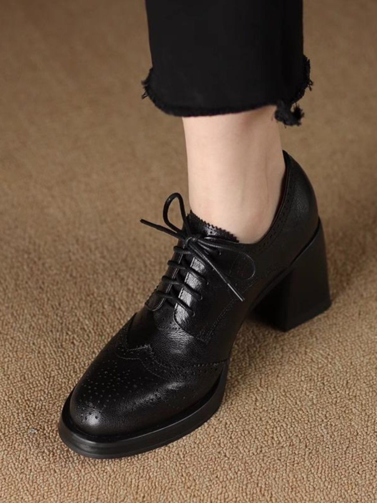 Sarah Express Women's British-Style Round-Toe Chunky Heel Pumps | Cross-Tie Strap Dress Shoes