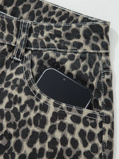 Sarah Express Women's Leopard Print High Waist Barrel Jeans