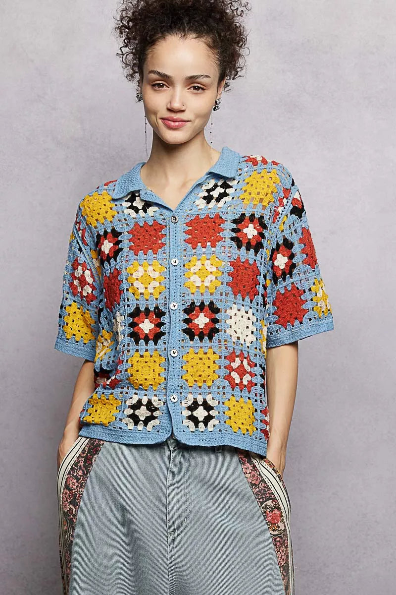 Sarah Express Women's Crochet Short Sleeve Button Down Shirt - Retro Color Block Knit Blouse SKY MULTI One Size