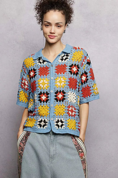 Sarah Express Women's Crochet Short Sleeve Button Down Shirt - Retro Color Block Knit Blouse SKY MULTI One Size