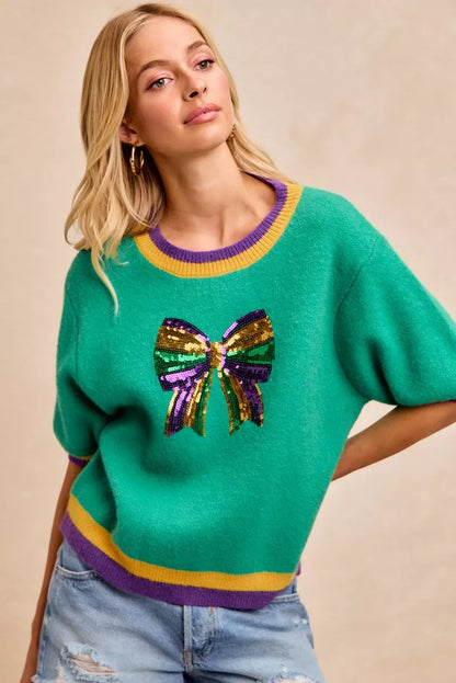 Sarah Express Women's Mardi Gras Sequin Ribbon Patched Sweater