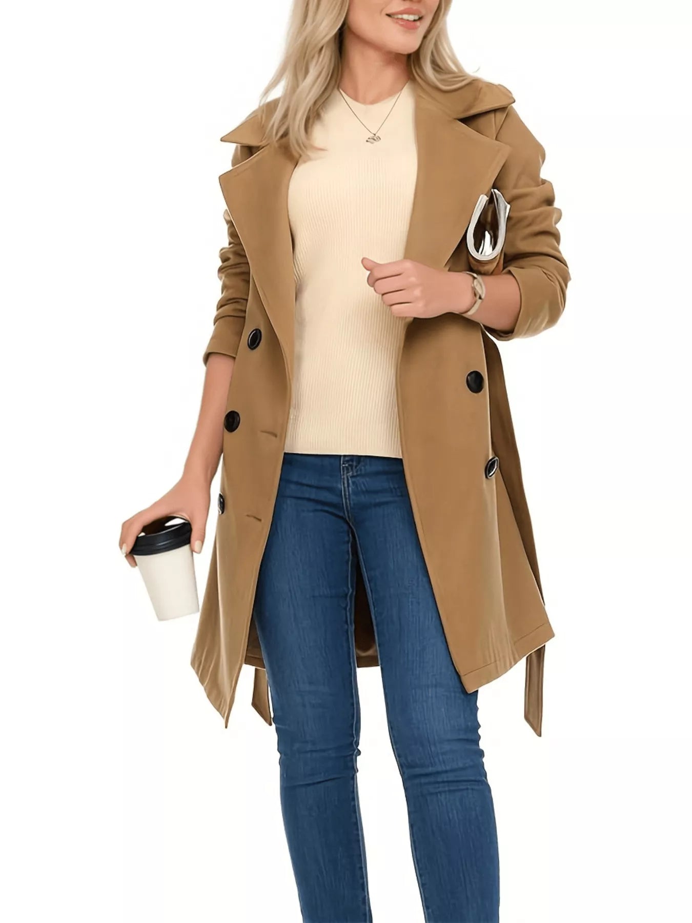 Sarah Express Women's Double Breasted Long Sleeve Coat Brown