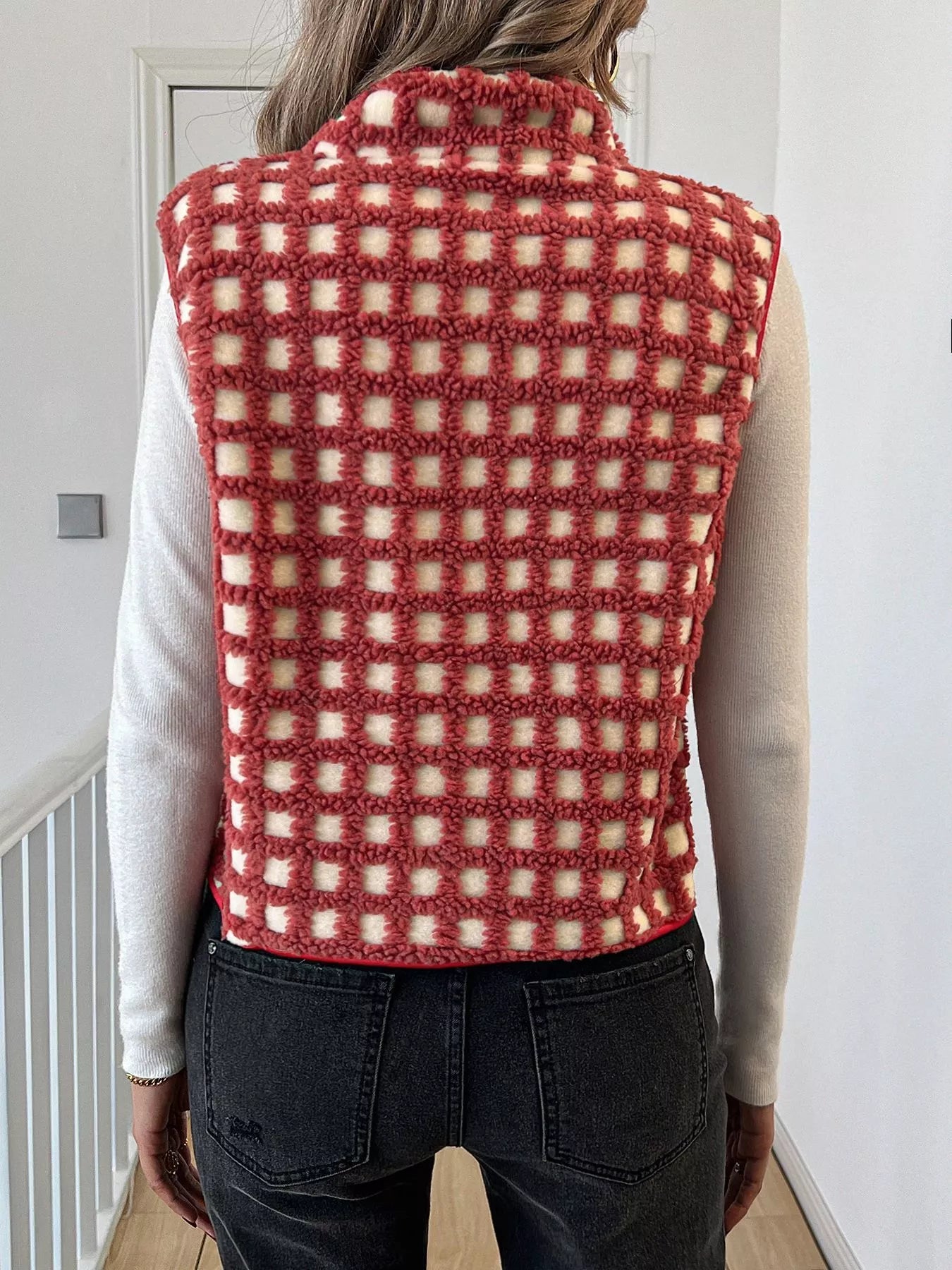 Sarah Express Women's Plaid Zip Up Vest Coat with Pockets - Sleeveless Outerwear Jacket