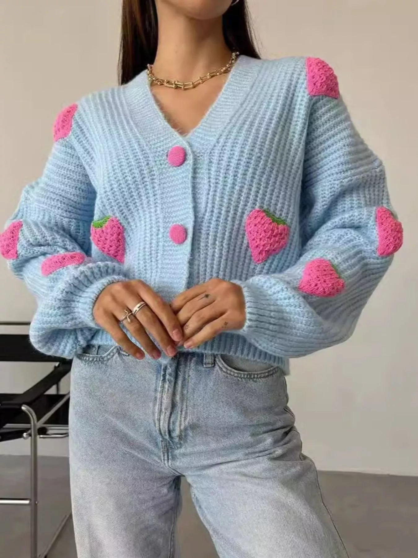 Sarah Express Women's Strawberry Button Down Cardigan Light Blue