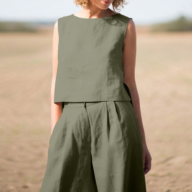 Sarah Express Cotton Linen Loose Two-Piece Set Top and Pants