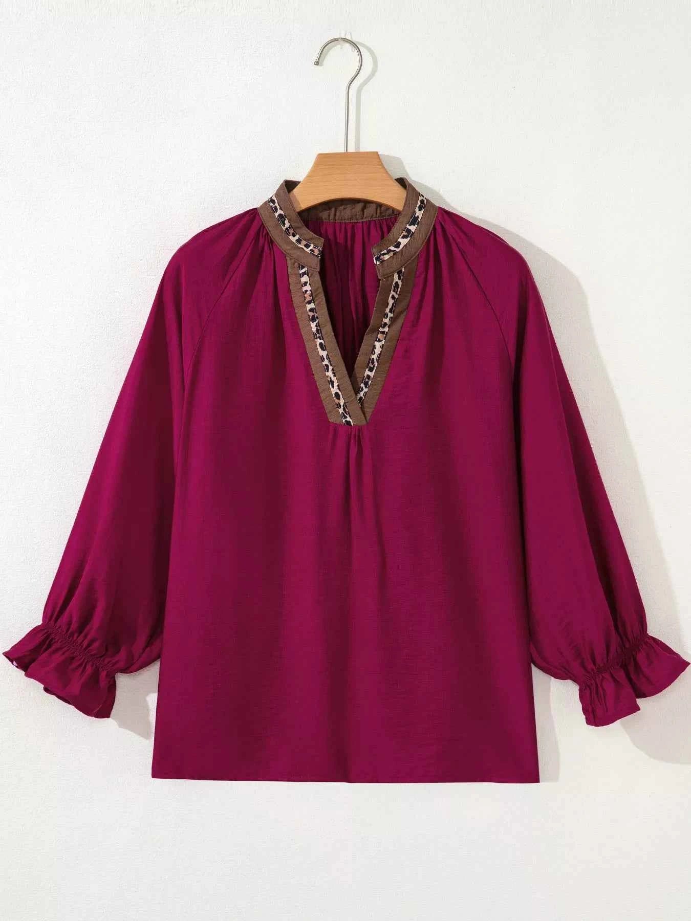 Sarah Express Women's Leopard Trim V-Neck Blouse - Flounced Bracelet Sleeve Top