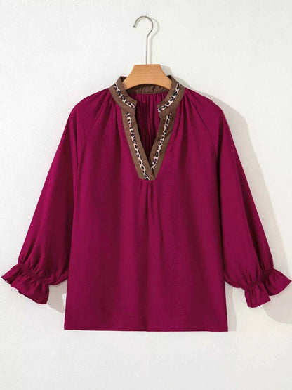 Sarah Express Women's Leopard Trim V-Neck Blouse - Flounced Bracelet Sleeve Top