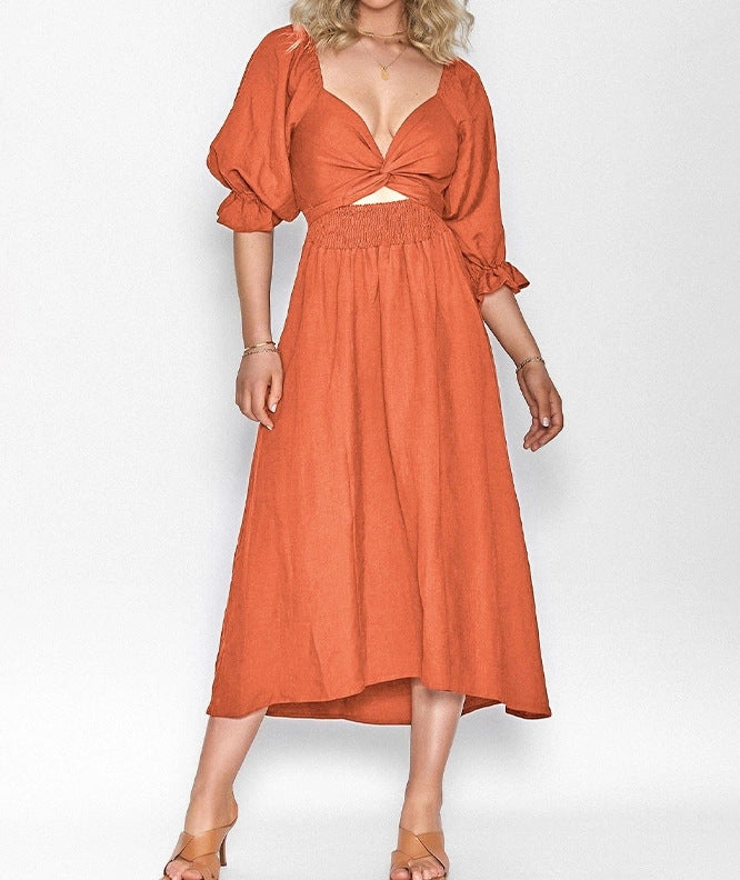 Sarah Express Women's Reversible V-Neck Dress Lantern Sleeve Mid-Length Polyester