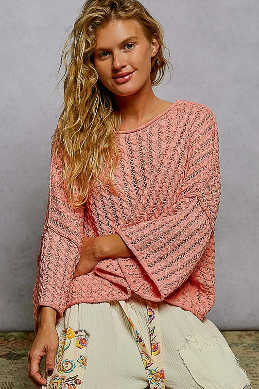 Sarah Express Women's Cable-Knit Openwork Round Neck Cropped Sweater CORAL ORANGE