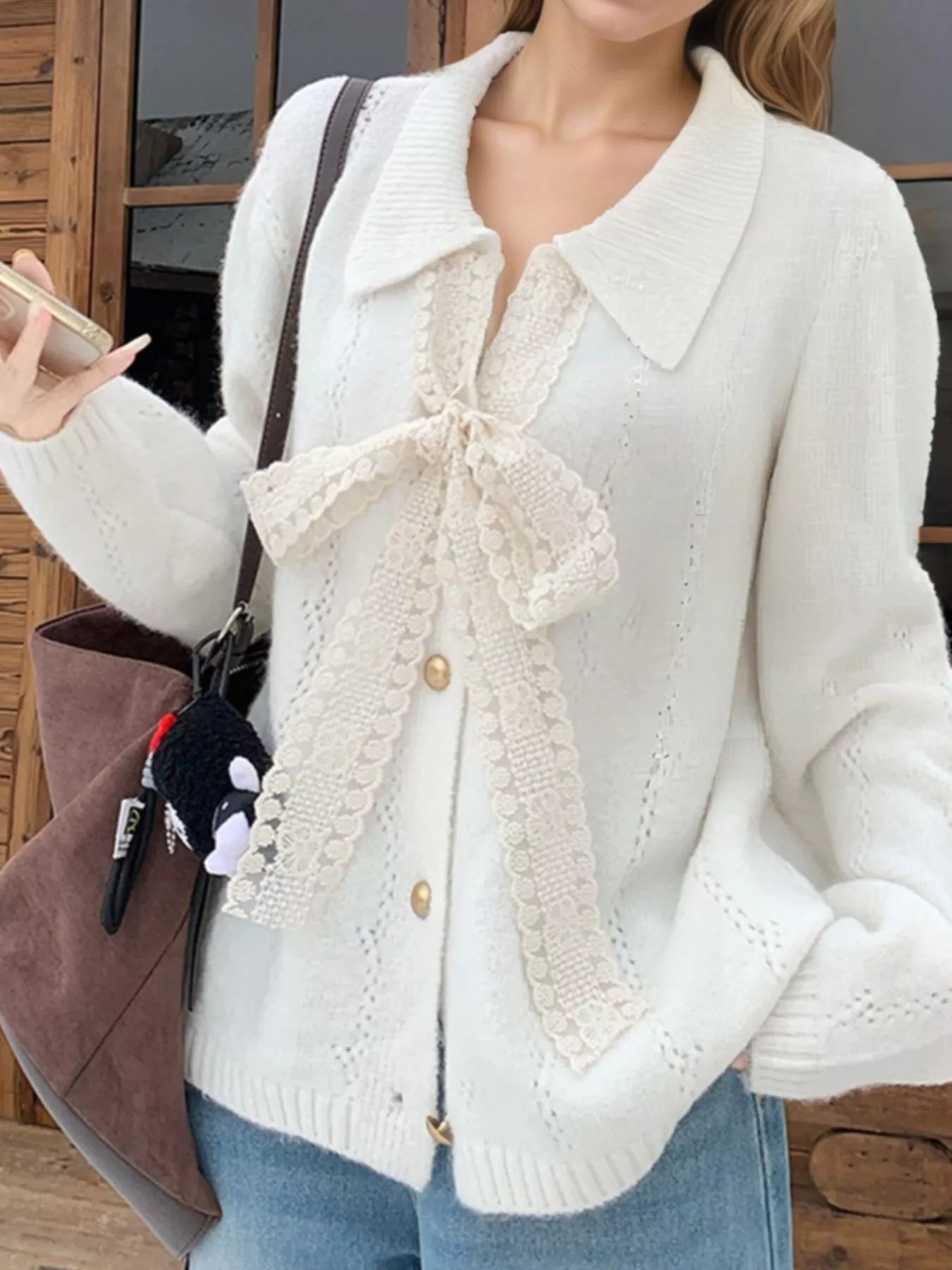 Sarah Express Women's Lace Tie Button Up Cardigan