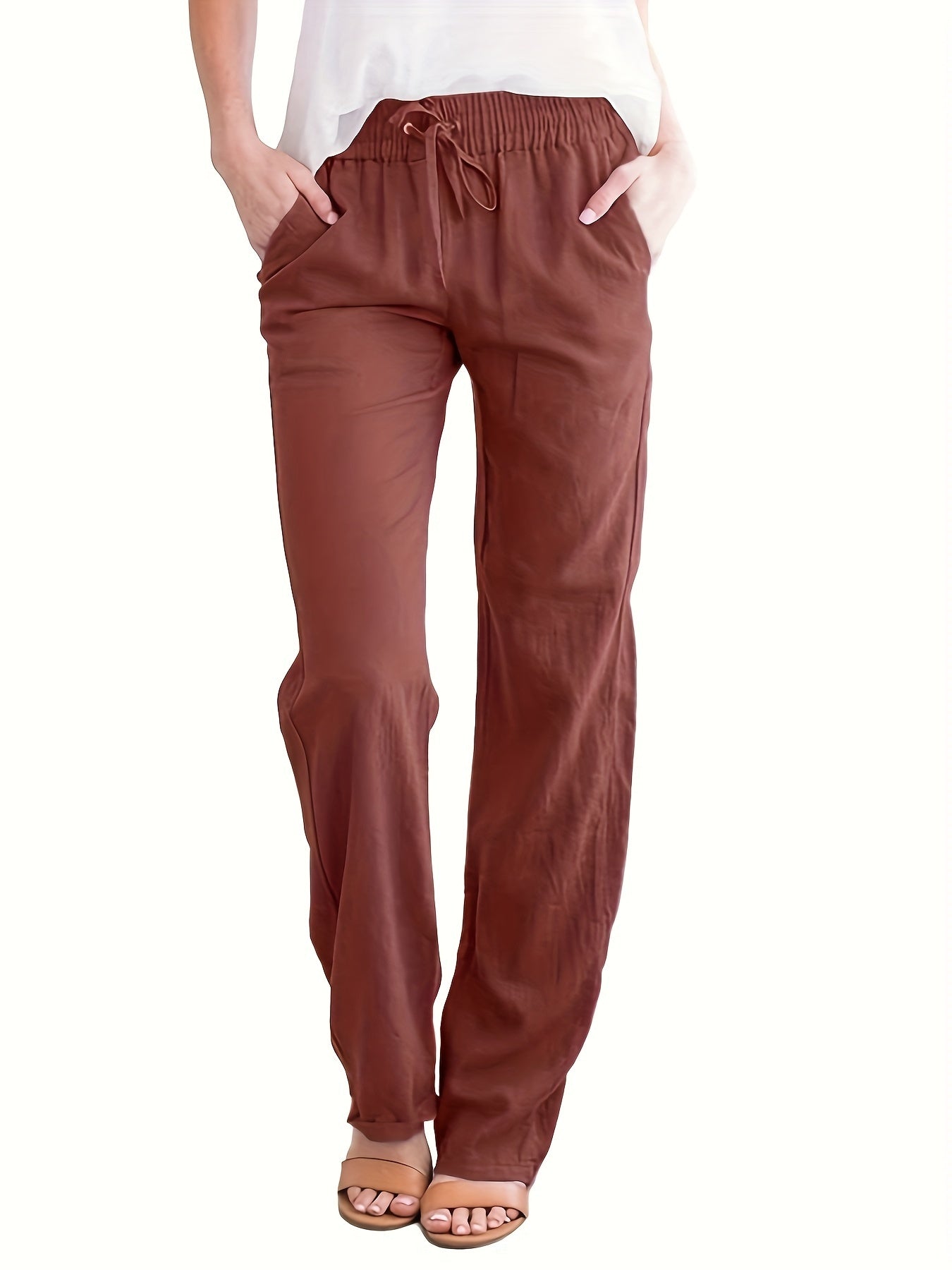 Sarah Express Women's Elastic Waist Loose Straight Leg Casual Trousers