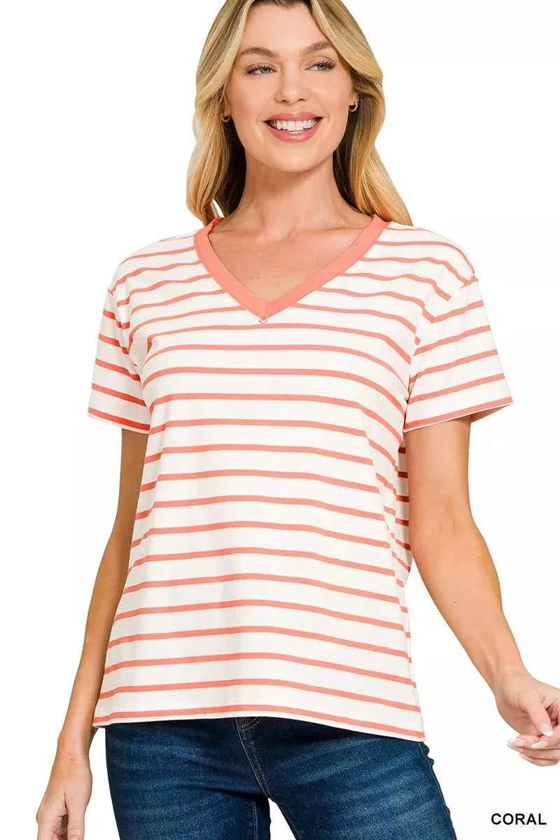 Sarah Express Women's Striped V-Neck T-Shirt - Coral White Short Sleeve Cotton Blend Top