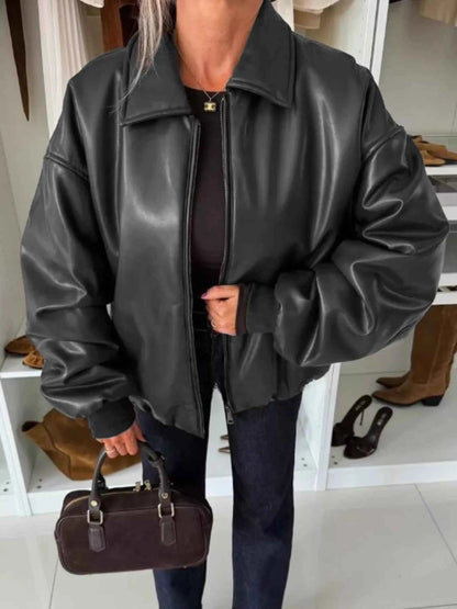 Sarah Express Women's Zip Up Dropped Shoulder Jacket - Pocketed Lightweight Outerwear Black