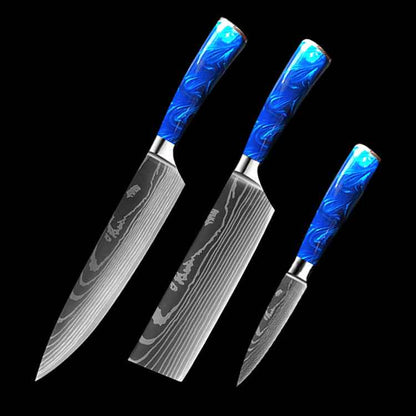 Sarah Express Professional 8-Inch Chef Knife with Blue Resin Handle - Premium Stainless Steel Kitchen Knife Blue 3piece setB
