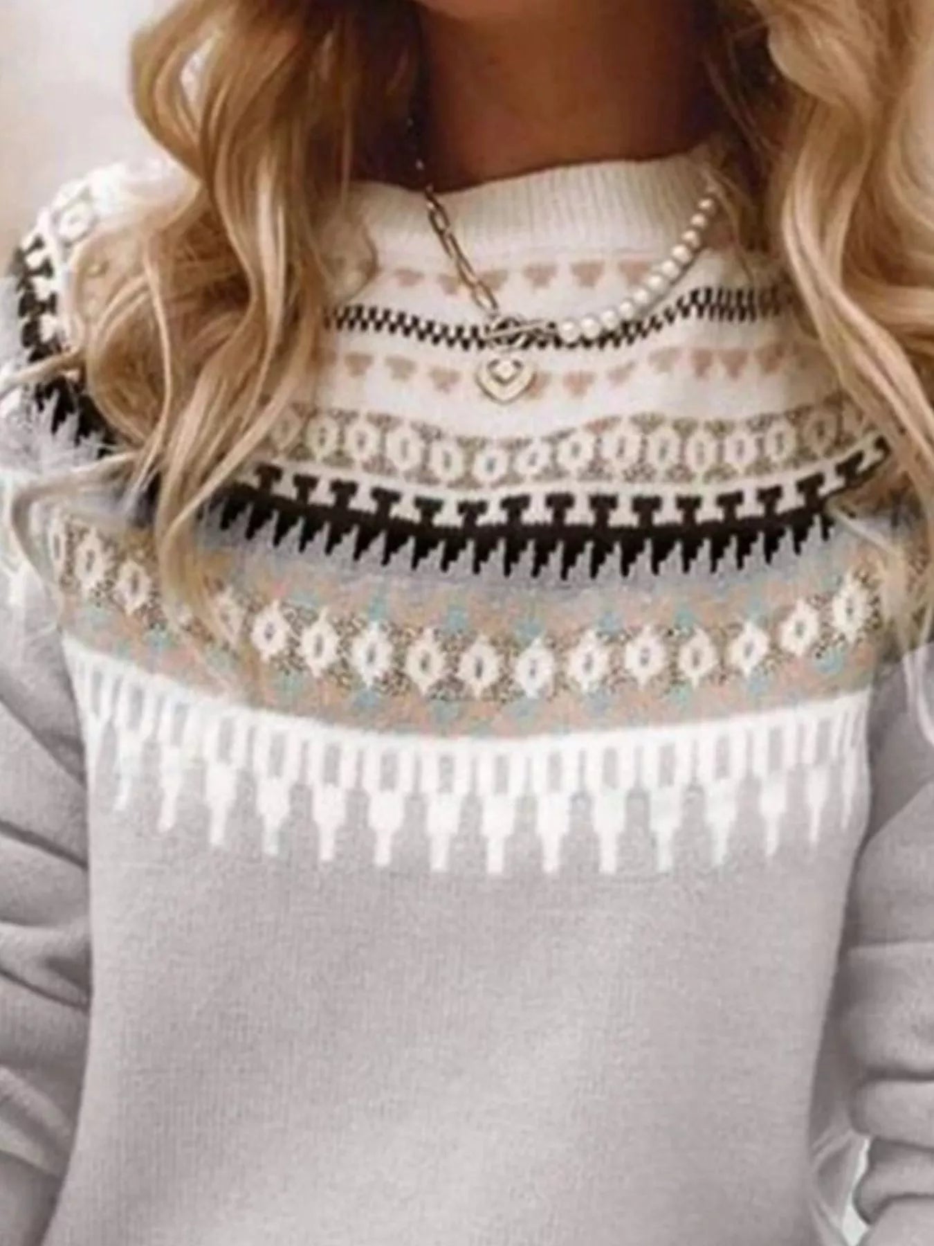 Sarah Express Women's Vintage Patterned Round Neck Sweater Plus Size