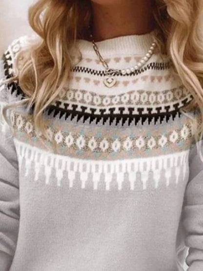 Sarah Express Women's Vintage Patterned Round Neck Sweater Plus Size