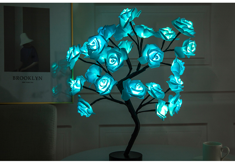 Sarah Express Rose Flower LED Table Lamp - USB Battery Operated Bonsai Tree Night Light for Bedroom Home Decor Blue black
