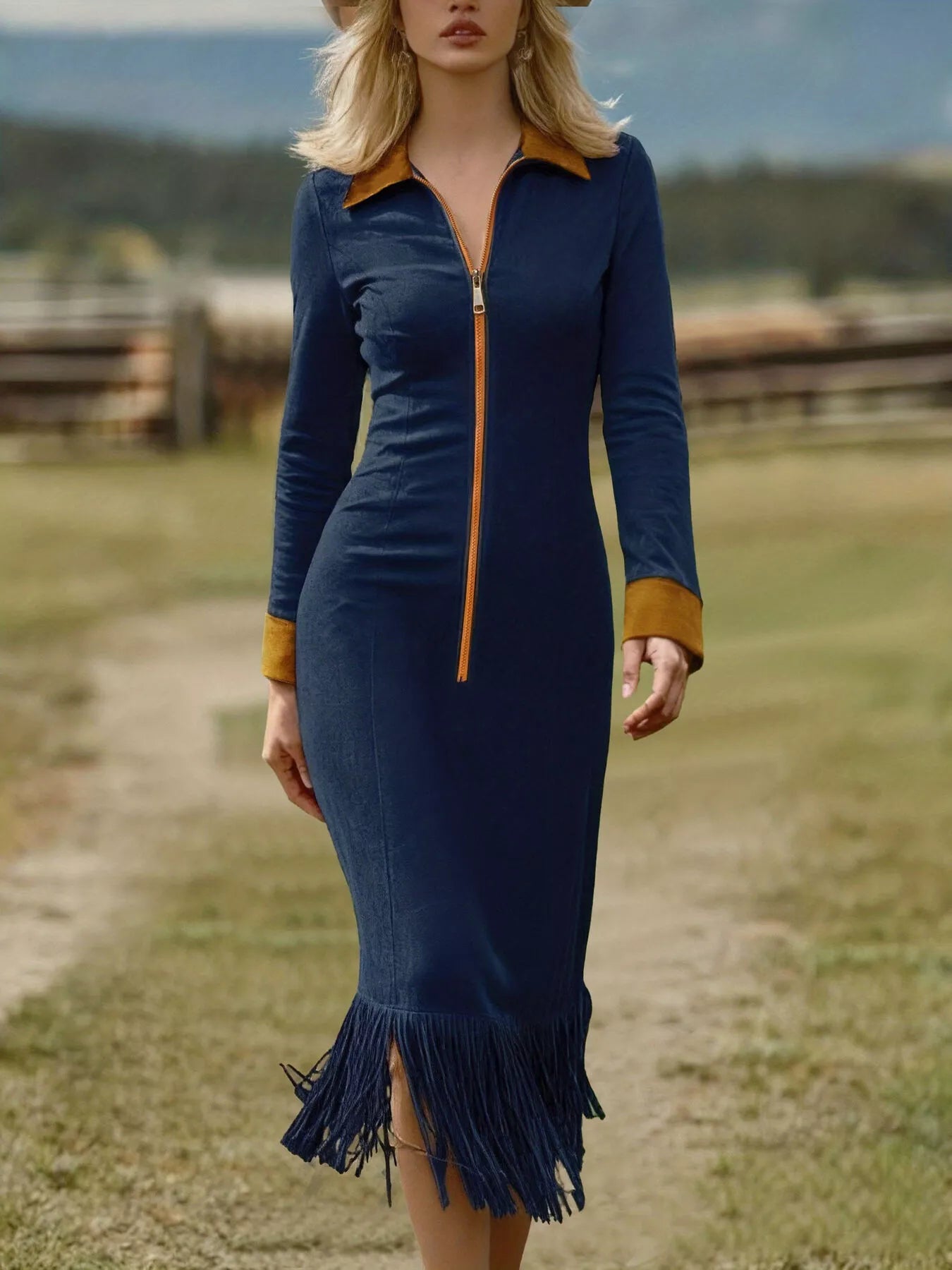 Sarah Express Women's Fringe Hem Zipper Front Bodycon Dress