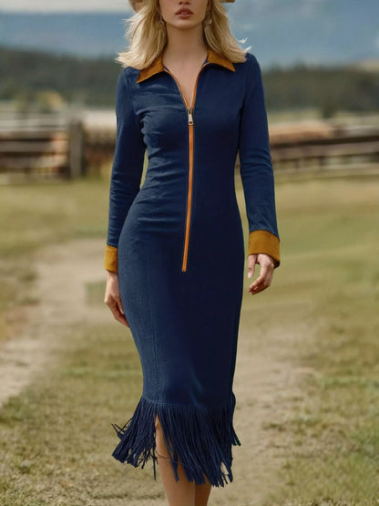 Sarah Express Women's Fringe Hem Zipper Front Bodycon Dress