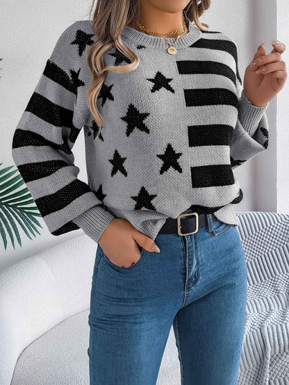 Sarah Express Women Casual Star Stripe Lantern Sleeve Long Sleeve Pullover Sweater