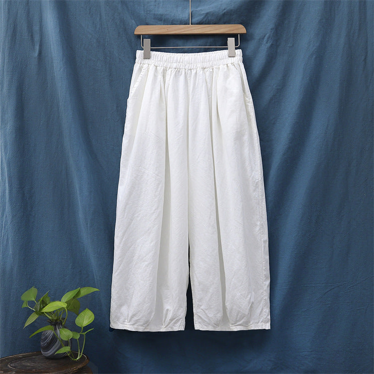 Sarah Express Women's Sand Washed Cotton Linen Bloomers Mid Waist Cropped Loose Pants