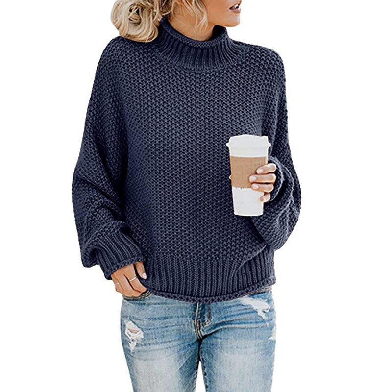 Sarah Express Solid Turtleneck Pullover Sweater Winter Fashion Casual Knitted Long-Sleeved Top Women's Clothing Tibetan blue