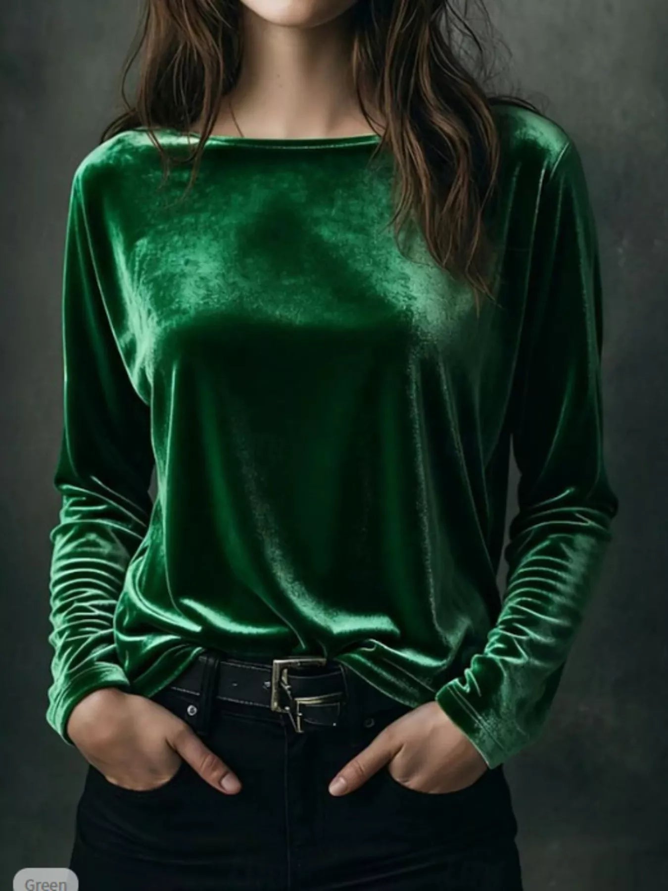 Sarah Express Women's Velvet Long Sleeve T-Shirt - Luxe Soft Touch Top for Plus Size Green