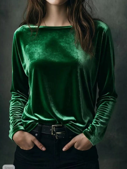 Sarah Express Women's Velvet Long Sleeve T-Shirt - Luxe Soft Touch Top for Plus Size Green