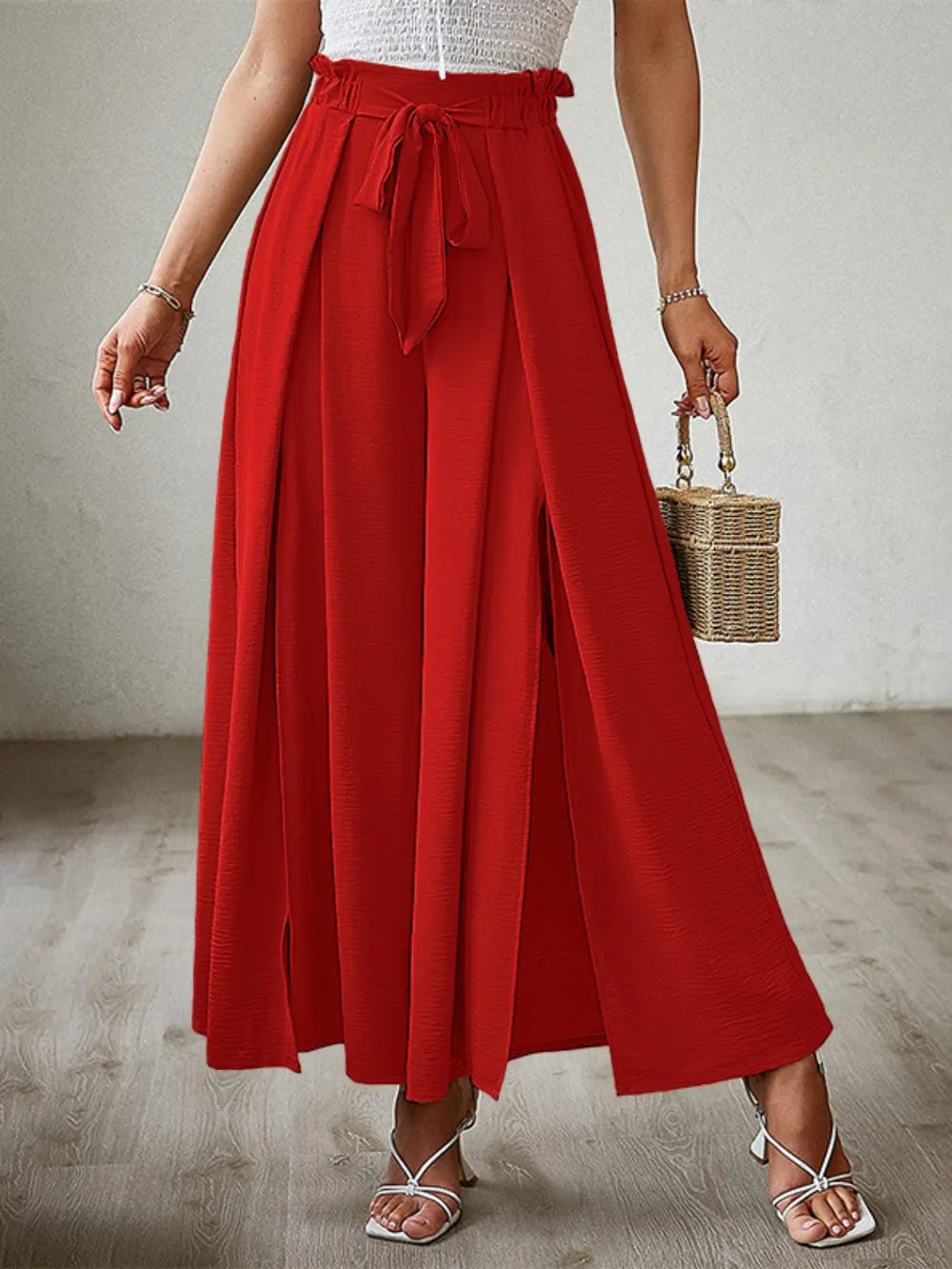 Sarah Express Women's Tied Slit Wide Leg Pants Red