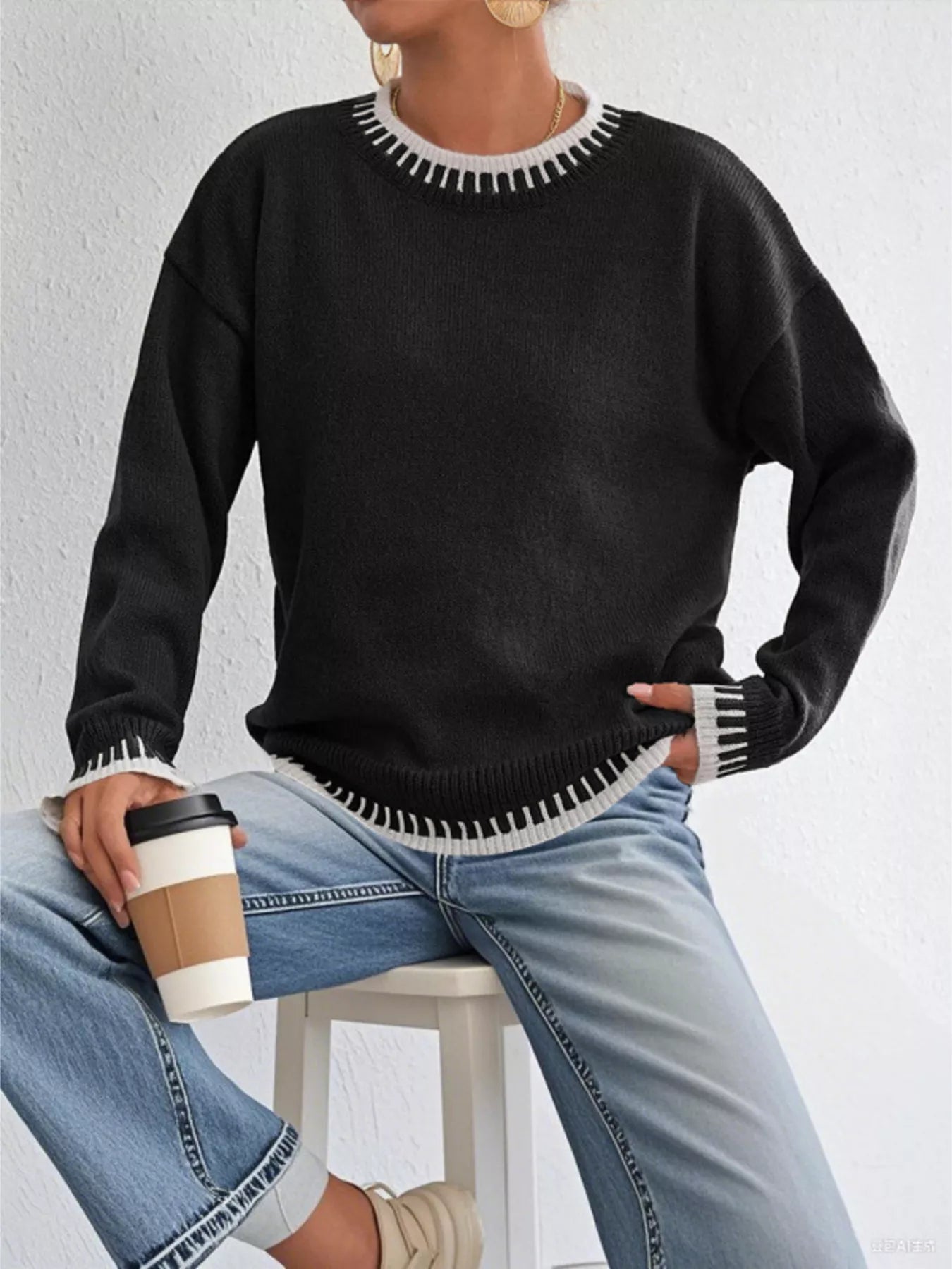 Sarah Express Women's Relaxed Fit Long Sleeve Sweater - Ribbed Knit Pullover