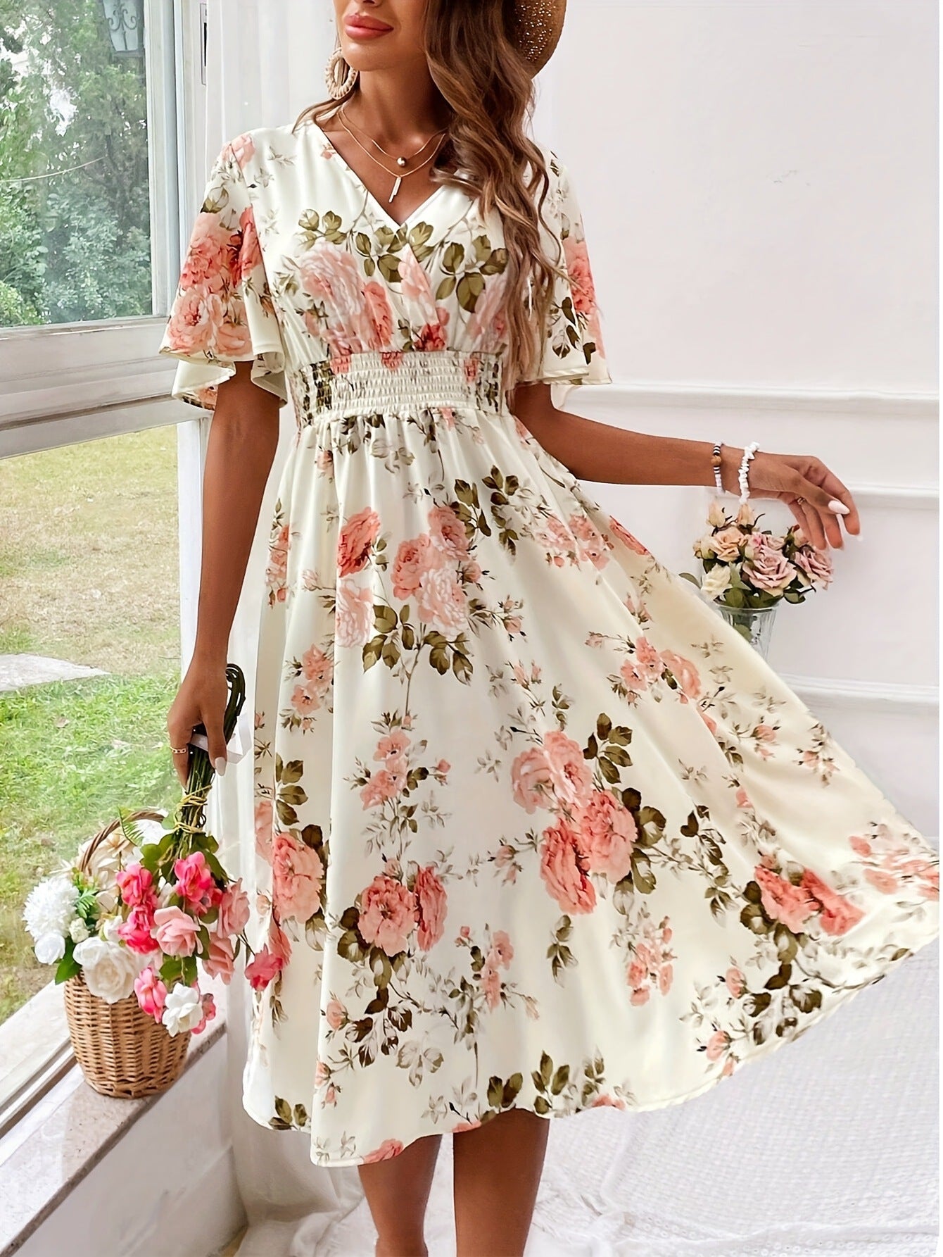 Sarah Express Women's Floral Print Smocked Waist Maxi Dress with Belt A-Line