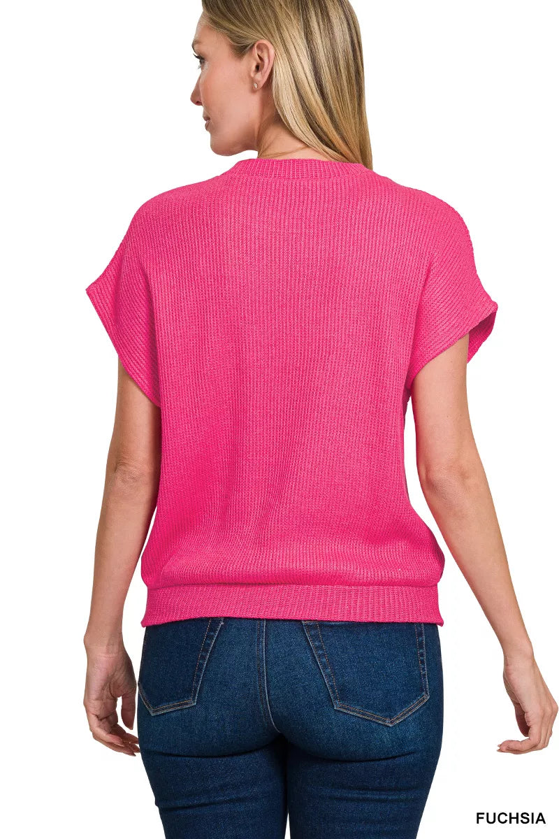 Sarah Express Women's Round Neck Banded Button Short Sleeve Sweater