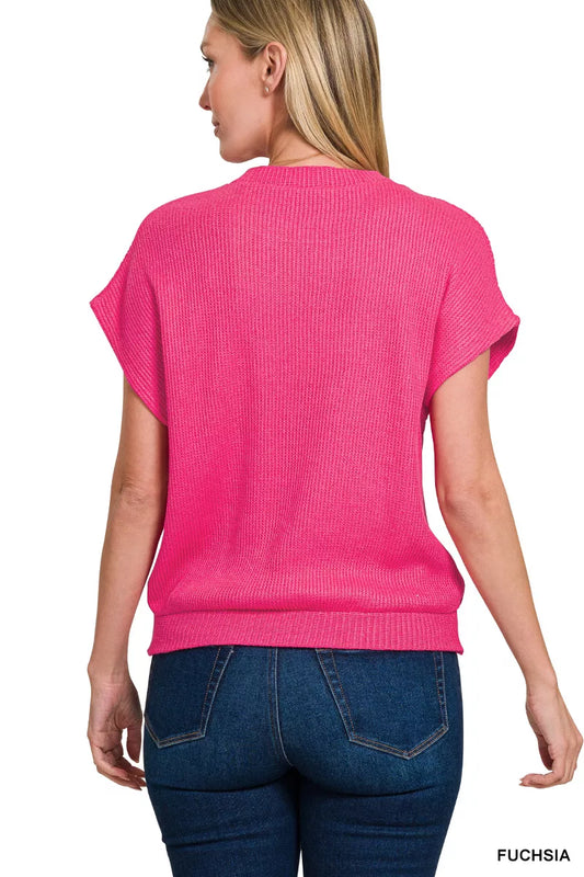 Sarah Express Women's Round Neck Banded Button Short Sleeve Sweater