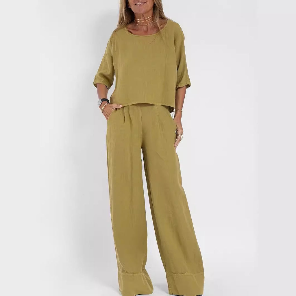 Sarah Express Cotton Linen Two-Piece Pants Suit Cropped Sleeve Wide Leg Casual Set