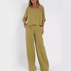 Sarah Express Cotton Linen Two-Piece Pants Suit Cropped Sleeve Wide Leg Casual Set