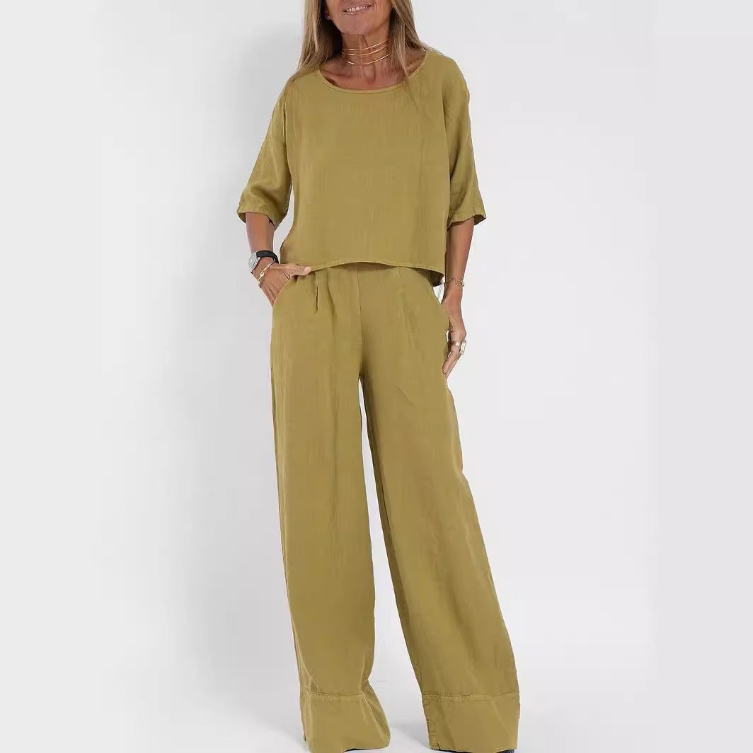 Sarah Express Cotton Linen Two-Piece Pants Suit Cropped Sleeve Wide Leg Casual Set
